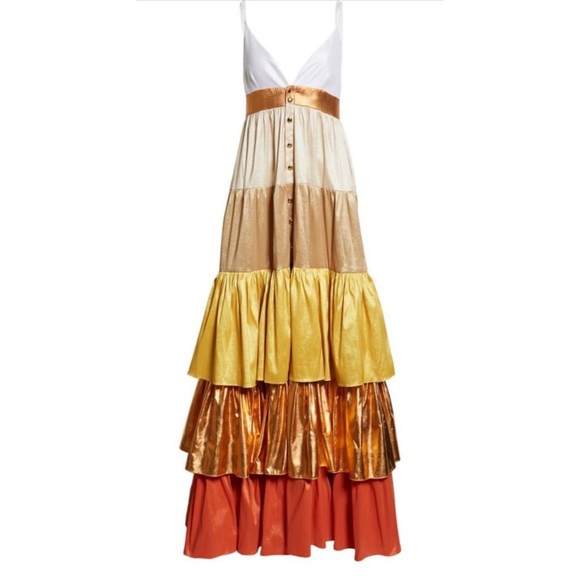 Kimberly Goldson Mari Copper Multi Tiered Maxi Dress Size 8 - Picture 16 of 16